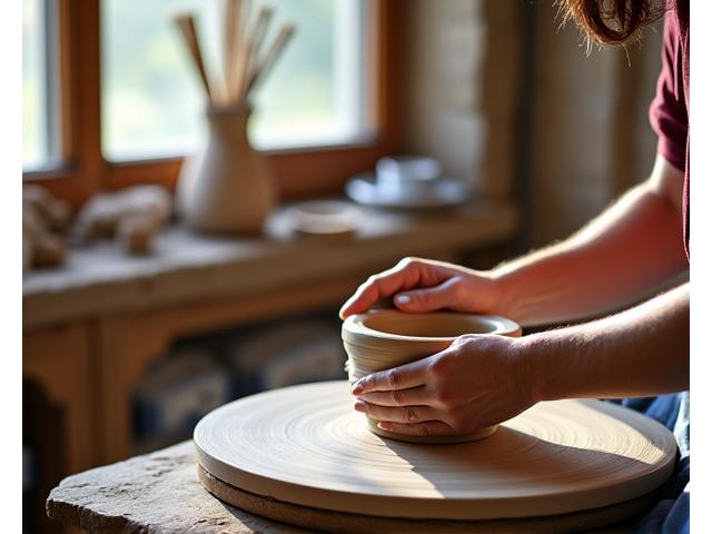 Artisan modelant de l'argile dans un atelier lumineux