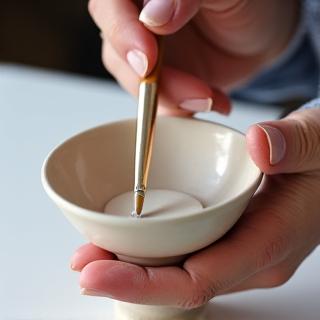 Main appliquant de l'émail sur une poterie cuite