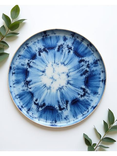 Grand plat en céramique émaillée, motifs bleus