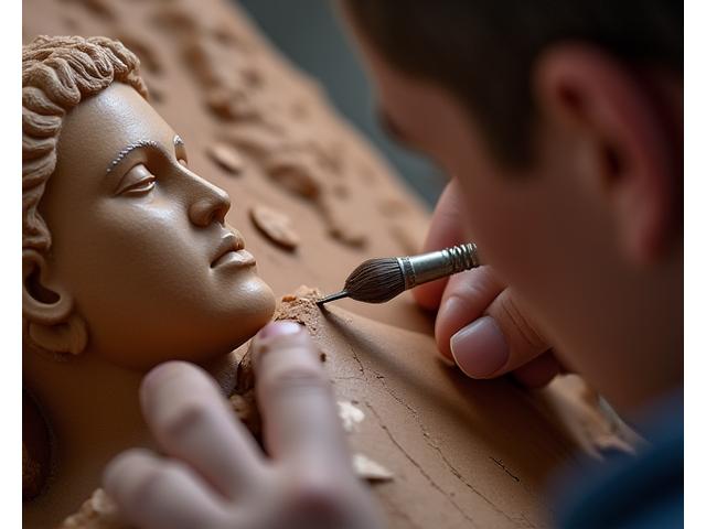 Détail de restauration d'une statue en argile, travail de précision, Source Argilée