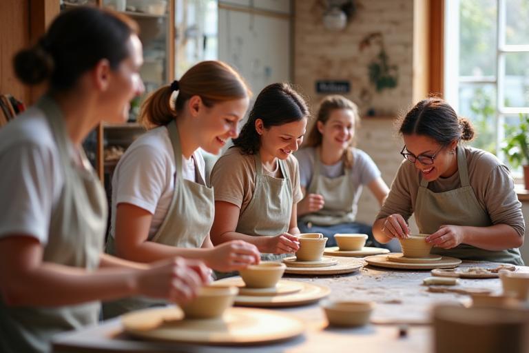 Groupe de personnes de différents âges apprenant la poterie dans un atelier lumineux et chaleureux