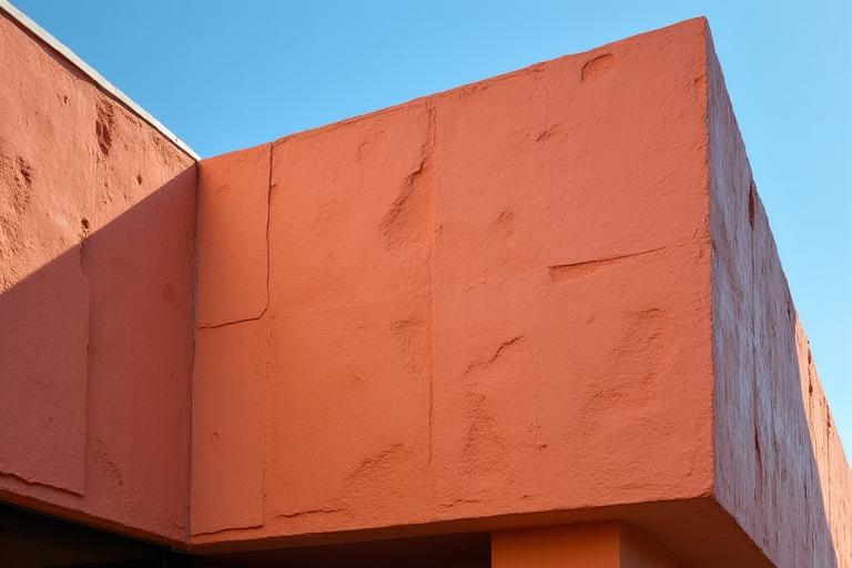 Détail d'une façade en terre cuite artisanale avec motifs géométriques, sous un ciel bleu